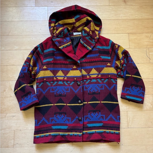LA VOGUE Aztec Southwestern Wool Hooded Coat Jacket Vintage Wool boho retro